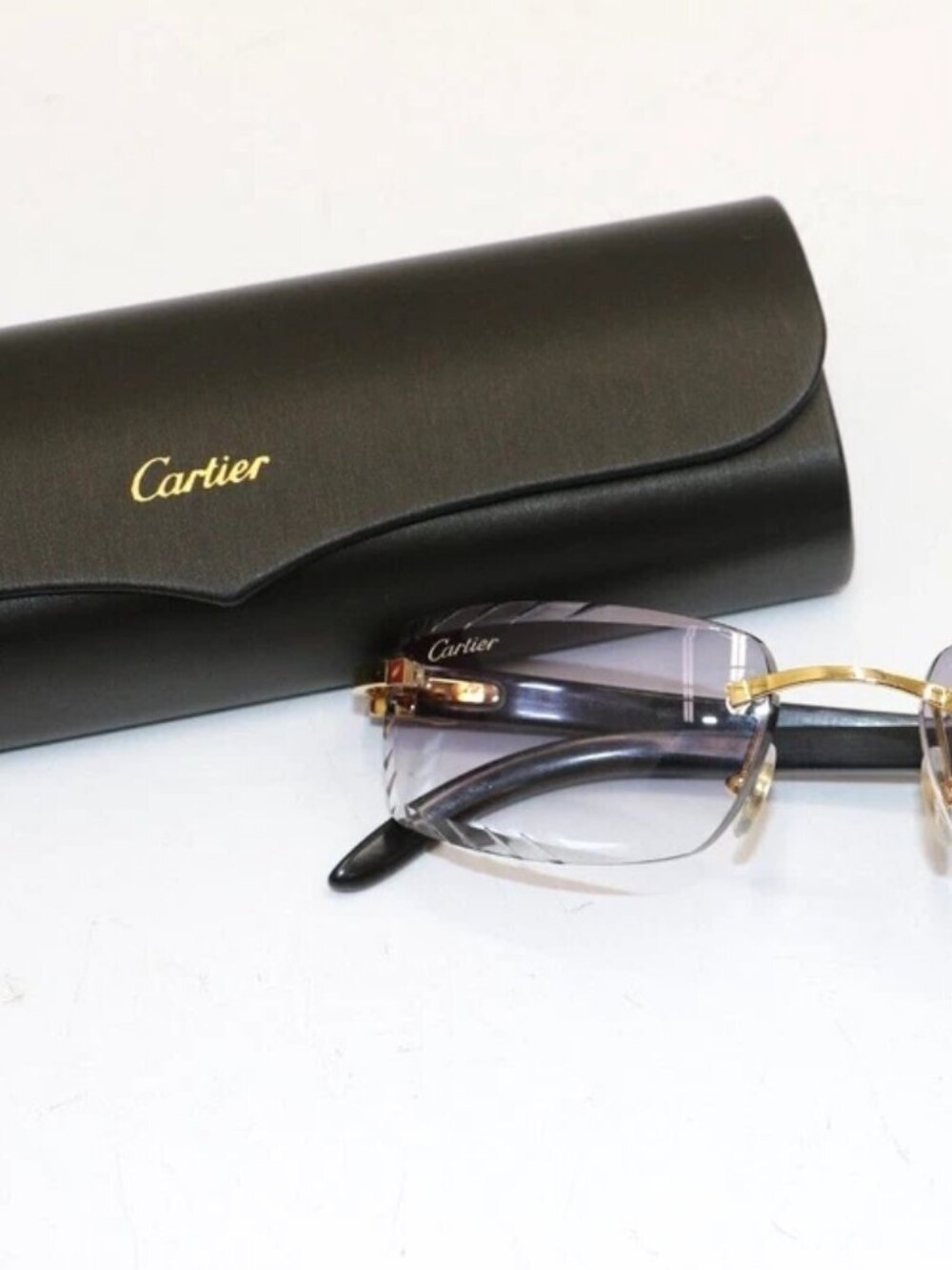 Cartier rimless black buff horn gold Diamond Cut transition sunglasses **read**